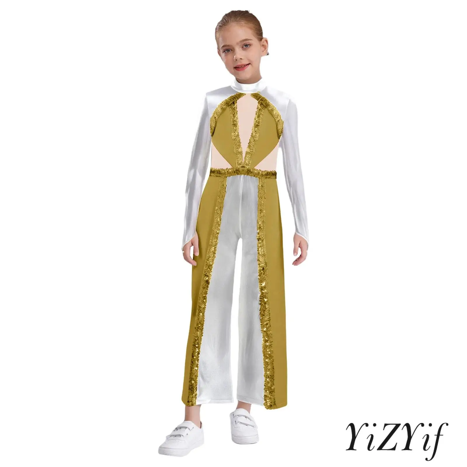 

Girls Jazz Disco Dance Costume Shiny Sequins Color Block Metallic Jazz Jumpsuit Mock Neck Long Sleeve Mesh Patchwork Bodysuit