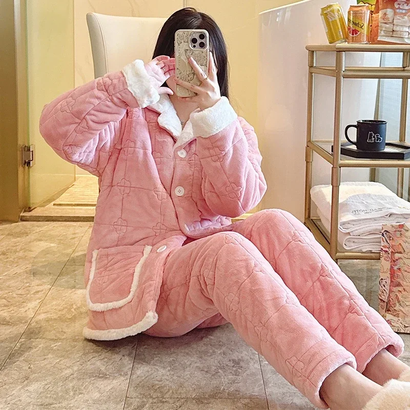 New Warm Pink Thick Pajamas Women Winter Nightgown Flannel Suit Coral Fleece Autumn Winter Loungewear Comfort Simple Sleepwear