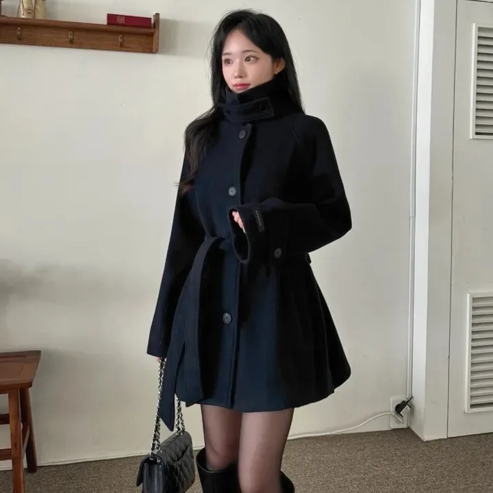 

Women's Woolen Coat Chic Winter High Collar Warm Single Button Waist Cinched Loose Fit Long Coat Sli Commute Thiened