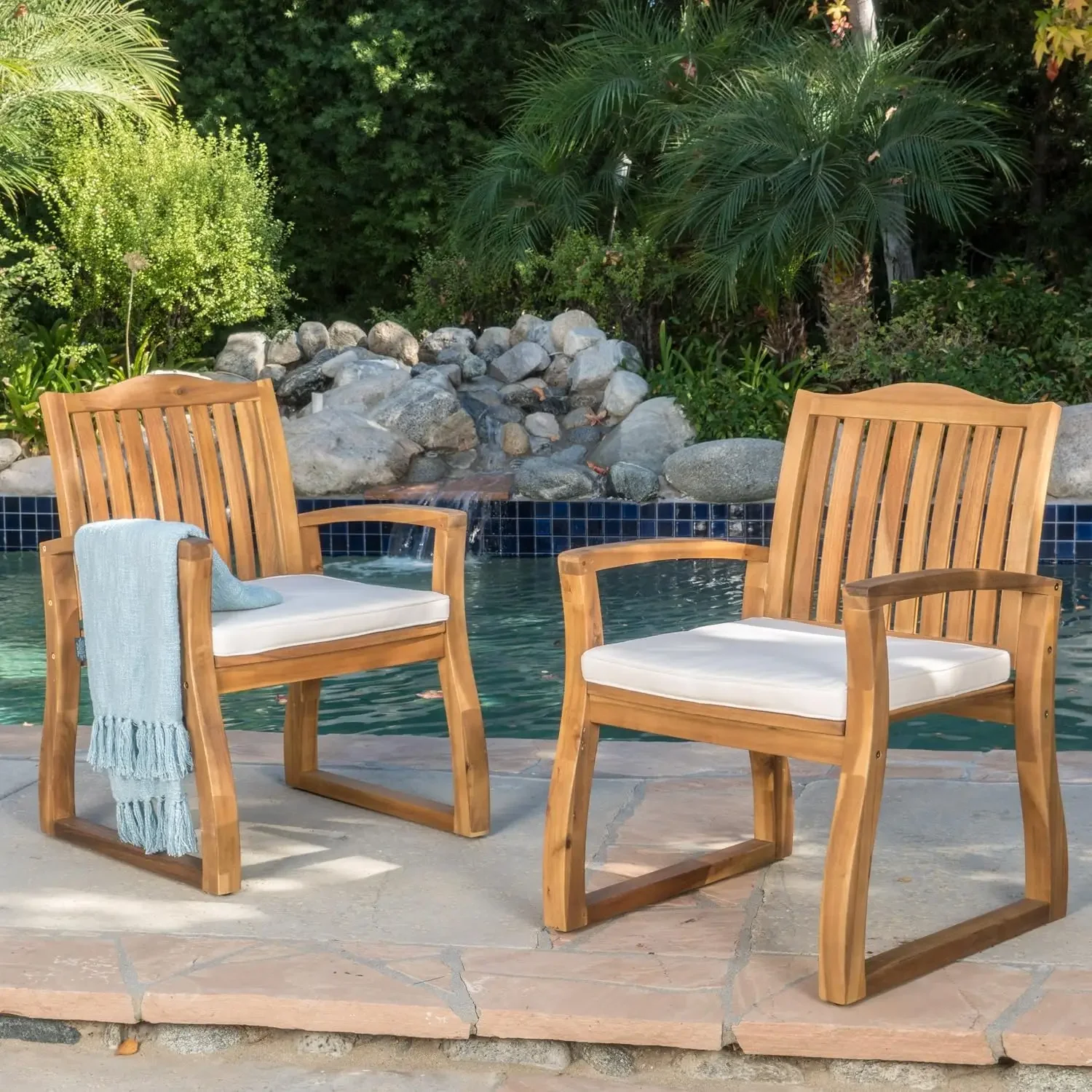 Della Acacia Wood Outdor Dining Chairs, 2-Pcs Set, Teak Finish With Rustic Metal