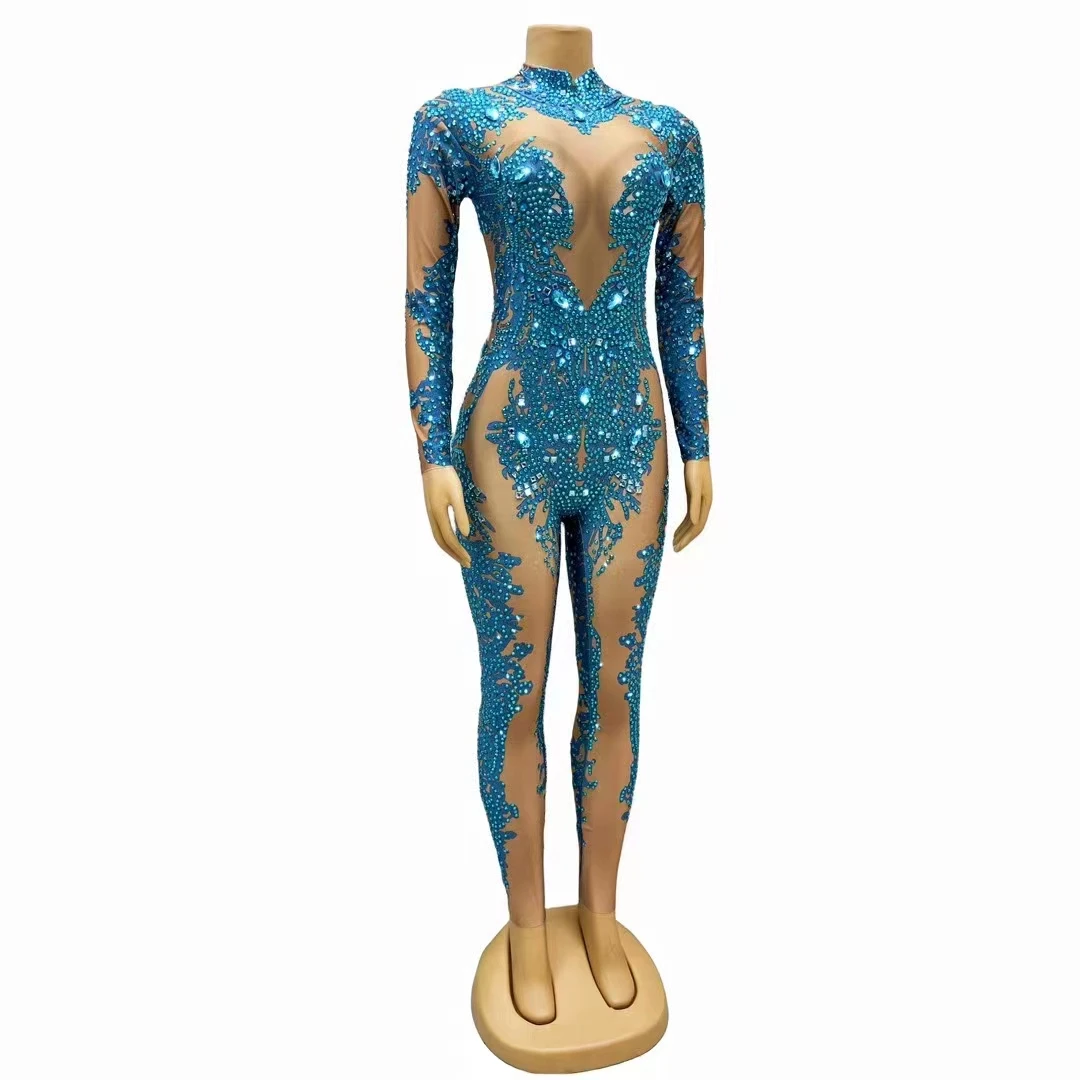 

Women Blue Rhinestones Bodycon Jumpsuit Club Birthday Party Nightclub Clothing Singer Dancer Sexy Pole Dance Leotard Costume