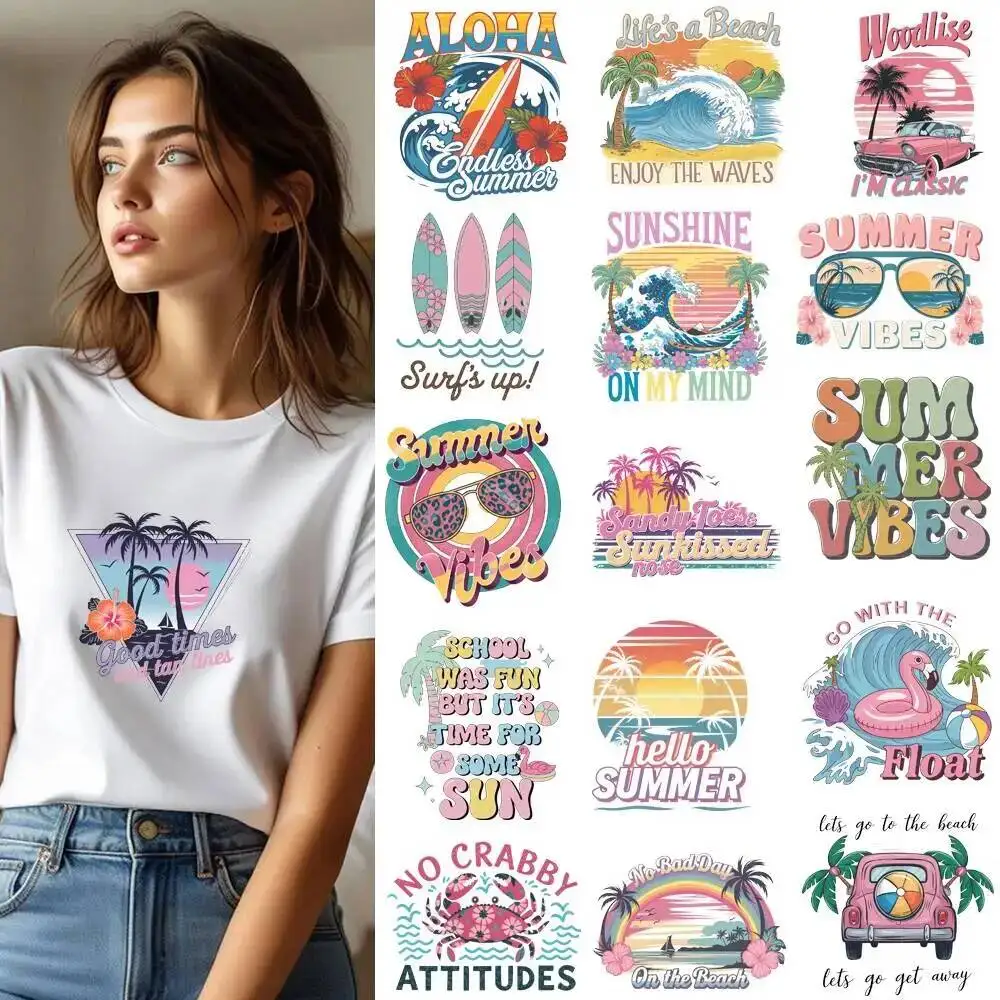 25CM Fine Summer Beach Holiday Letter Transfer Patches For Clothes Sticker DIY A-Level Washable Shirt Iron-on Thermal Stickers