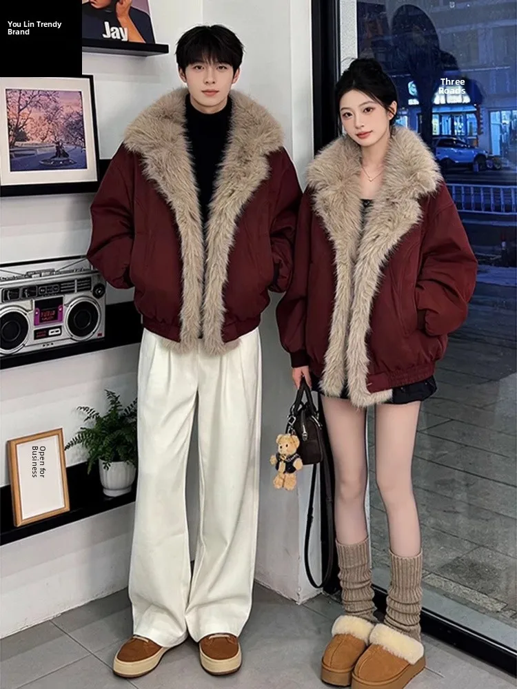 

Red Wine Color Fur Collar ort Jaet Men's Winter Thiened Suede Mink Velvet Cotton Coat Youth Faion Casual Outerwear