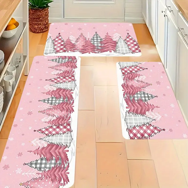 Pink Christmas Tree Kitchen Rug Non Slip Absorbent Indoor Outdoor Entryway Doormat Bathroom Mat Home Decor Holiday Carpet