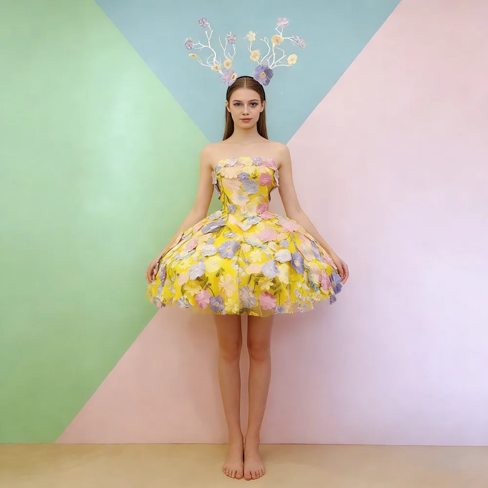 

Colorful Flower Bubble Short Dress Carnival Party Tour Concert Performance Clothes Model Walk Show Team Dance Costume Stage Wear