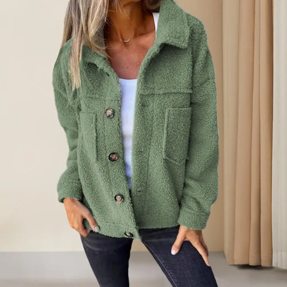 Single-breasted Jacket Women Jacket Cozy Fleece Winter Jacket with Double Pockets Button Closure Women\'s Long Sleeve for Outdoor