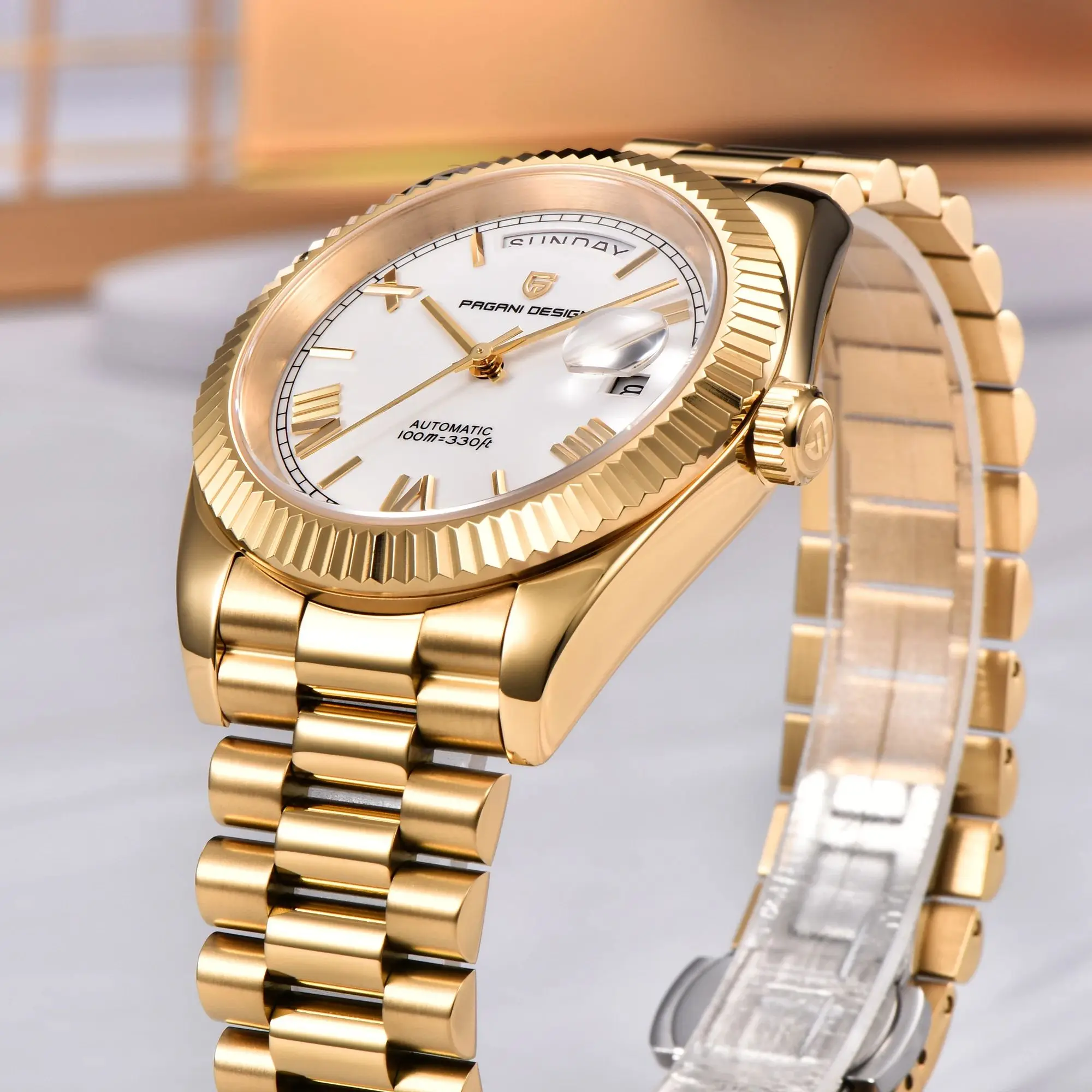 PAGANI DESIGN DD36 Gold White Automatic Men AR Sapphire Glass Date Week thumbnail 4
