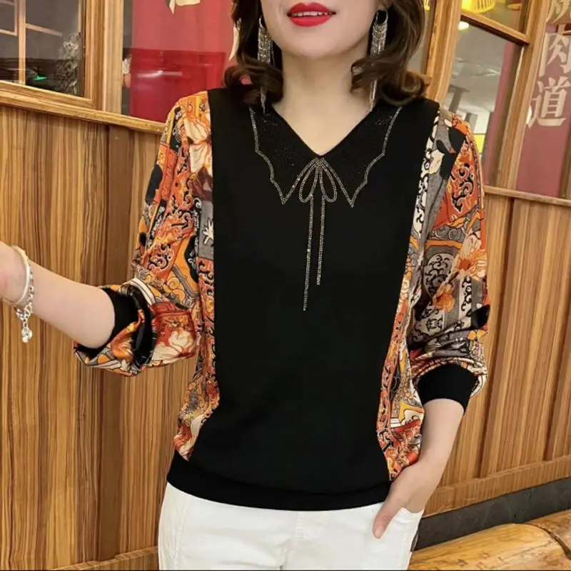 2023 Spring and Autumn Women\'s New Fashion Elegant Shirt Hot Diamond V-Neck Large Loose Casual Versatile Long Sleeve Bottom Top