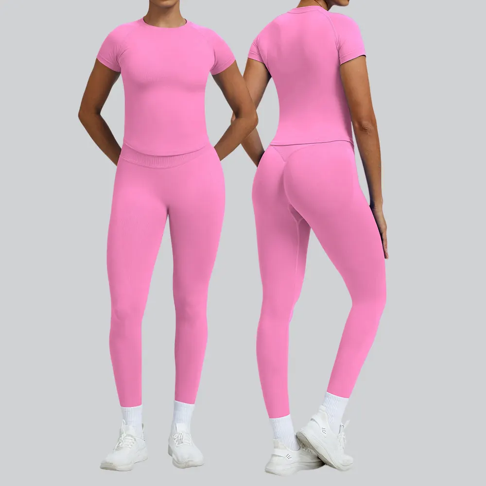 

2PCS Women Yoga Set Seamless Workout Sets Sportswear Gym Clothing Fitness Short Sleeve High Waist Leggings Cycling Sports Suits