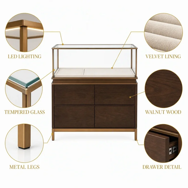custom.Fashionable Luxury Iron & Glass Wooden Custom-Sized LED Lighting Eco-Friendly Jewelry Display Cases