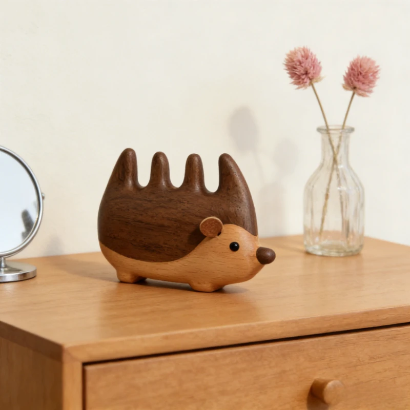 Creative Design Solid Wood Hedgehog Massage Comb Head Meridian Scraping Comb High Grade Black Walnut Decoration Ornament Gifts