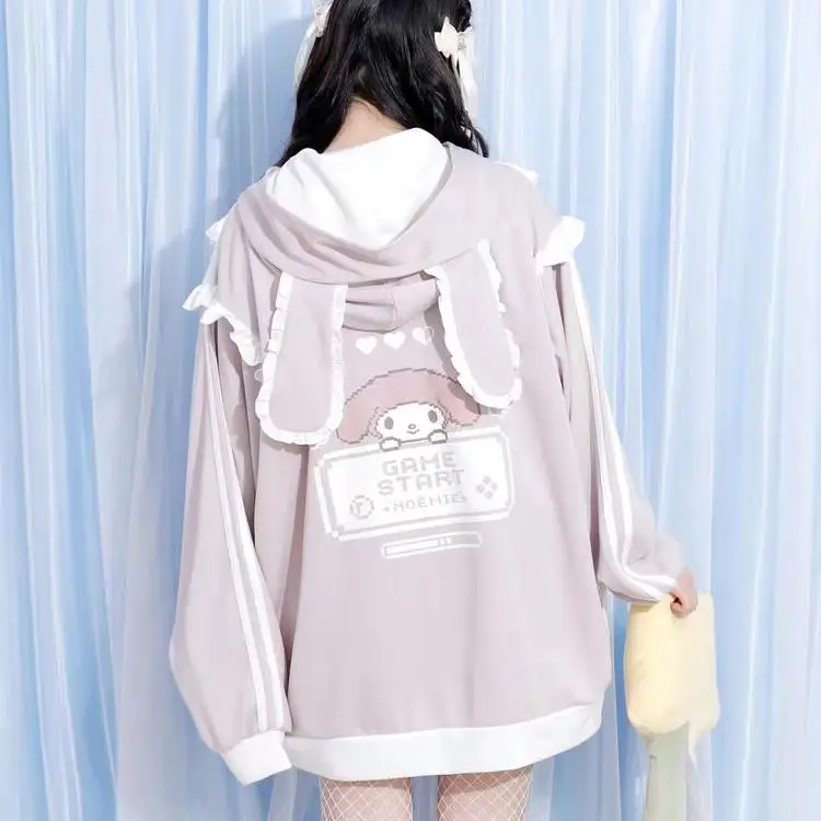 

Japan Style Pink White Long Sleeve Hoodies Cute Ears Hooded Zip Cardigans Coat Sweet Grils Mid-long Cartoon Loose Women Sweaters
