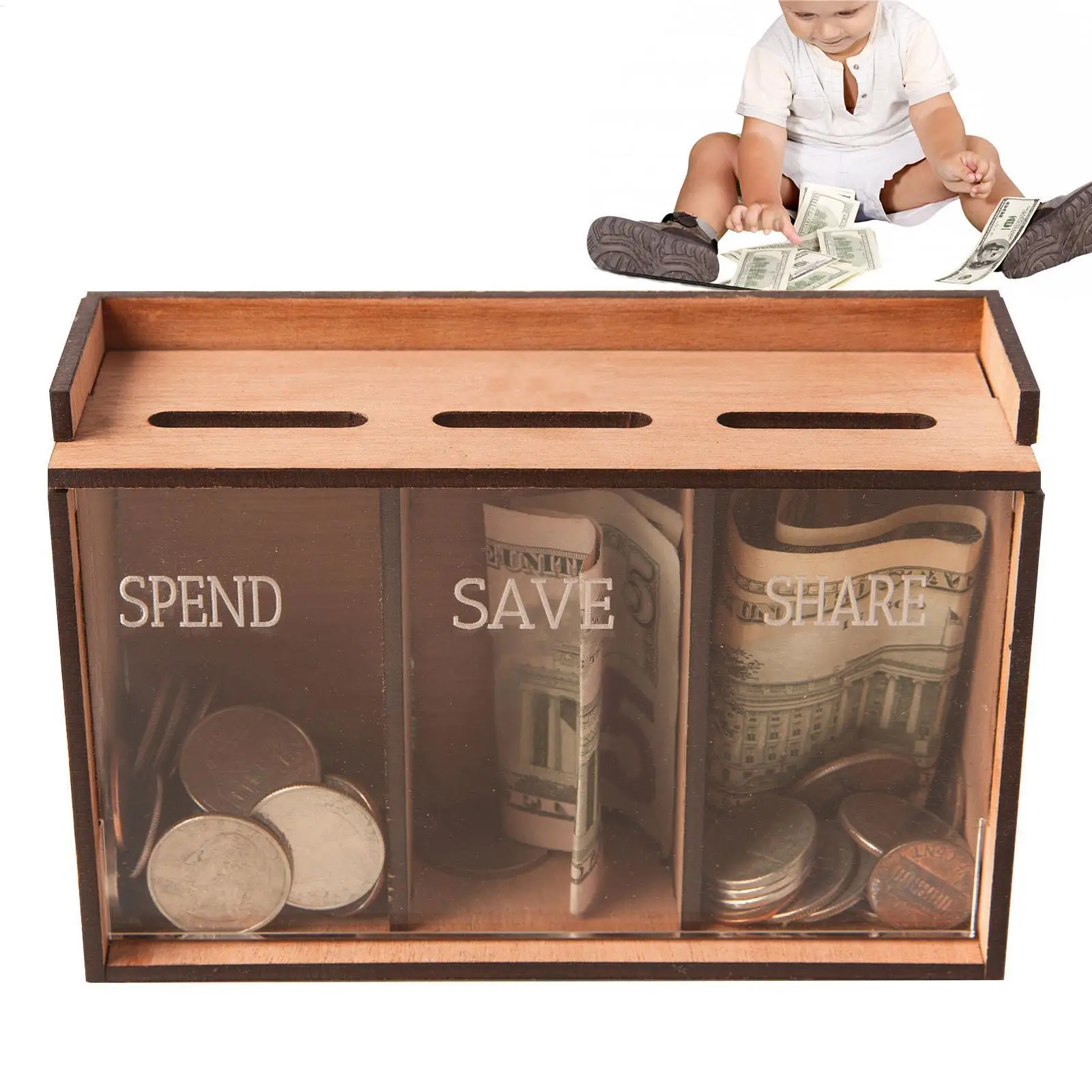 Money Bank for Adults Wooden 3 Compartments Removable Lid Coin Saver Money Storage Organizer Saving Box for Home Decoration