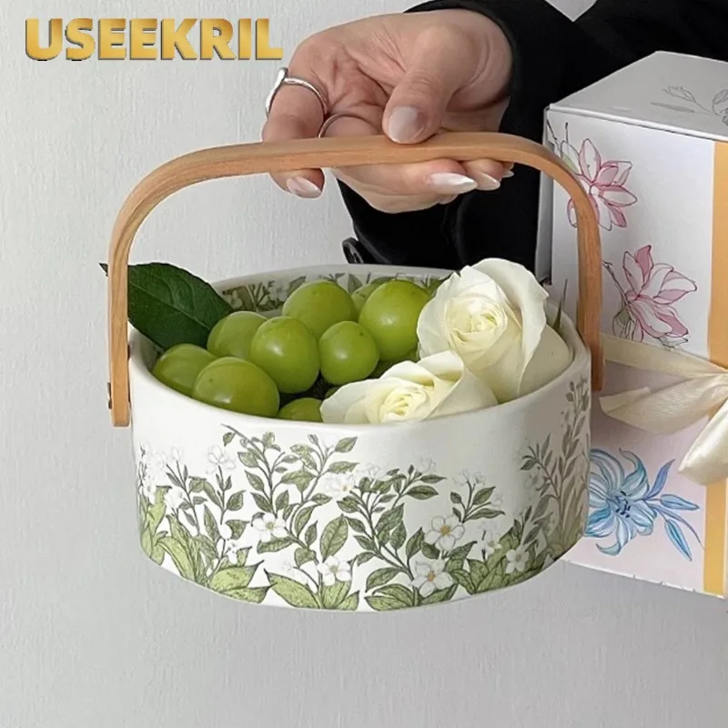 Retro Ice Bucket With Gift Box, Lily Of The Valley Ceramic Fruit Basket, High-value Hand Basket, Fruit Plate Tableware Tray