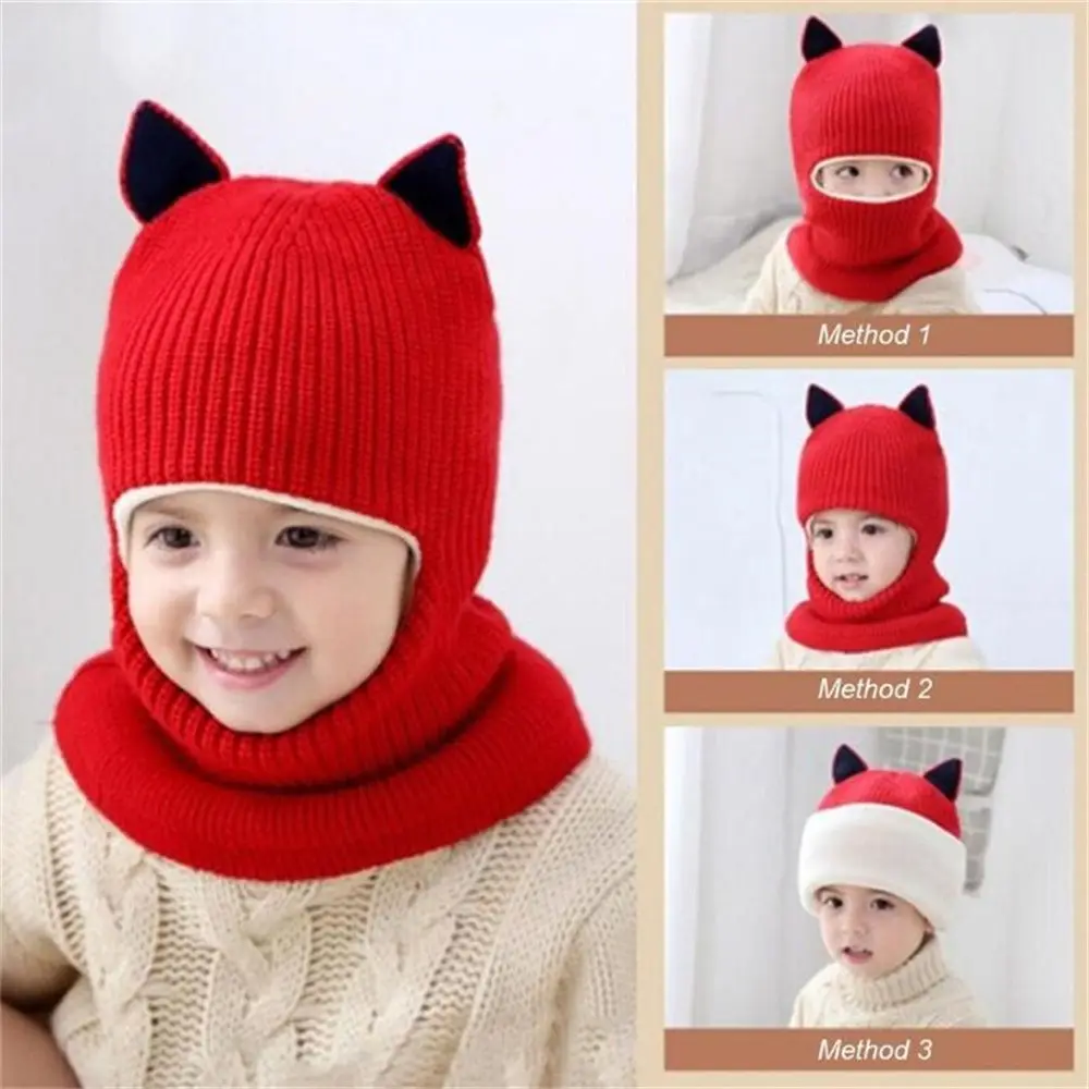 Soft Ear Protection Hooded Scarf Winter Baby Hats Knitted Cap Fleece Lining Earflap Cap Toddler Beanie