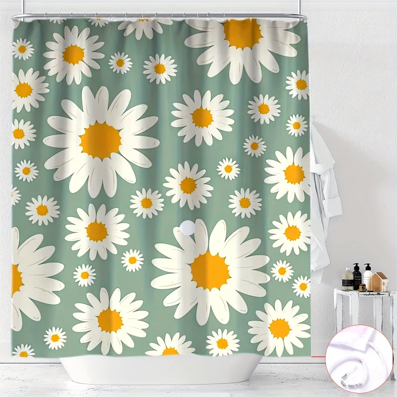 Daisy Delight Green Floral Shower Curtain Set - Waterproof Polyester with Hooks Included, Machine Washable, Perfect for All Seas