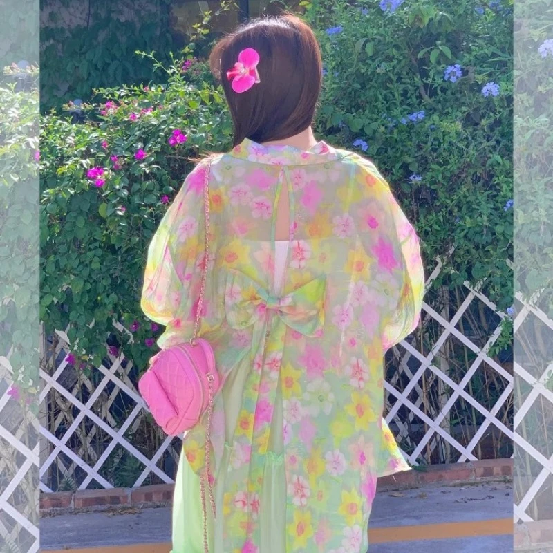 Summer New Green Floral Women's Sunscreen Shirt Jacket Sweet Cute Loose Vacation Split Bow Hollow Out Long Sleeves Shirts Ladies