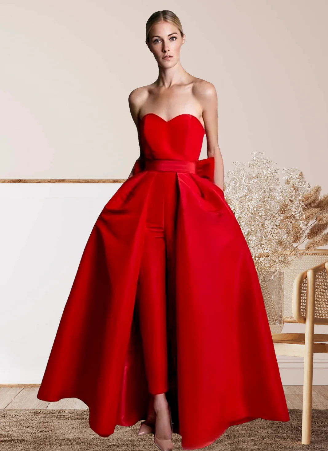 

LinasBridal Jumpsuits Evening Gown Red Dress Wedding Guest Detachable Sleeveless Sweetheart Pocket with Bow(s) Overskirt 2024