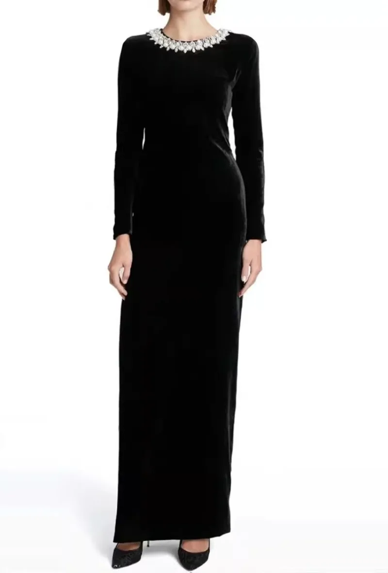 

Black Velvet Dress Women Elegant Diamond O-neck Long Sleeve Maxi Dresses Bodycon Streetwear Runway Design Clothing Lady