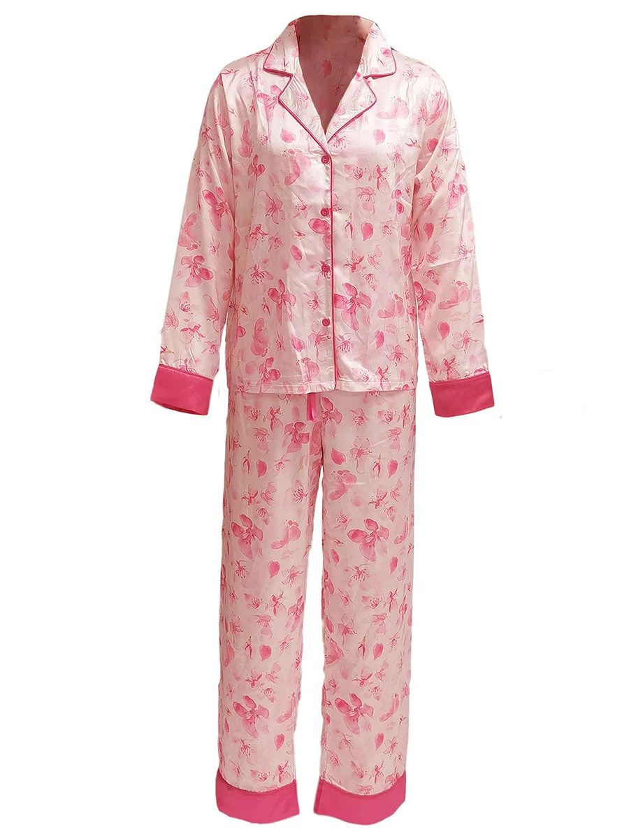 Conjunto de pijama com estampa floral elegante, tops de manga comprida com lapela no pescoço e botões, calças compridas elegantes, roupa loungewear de 2 peças