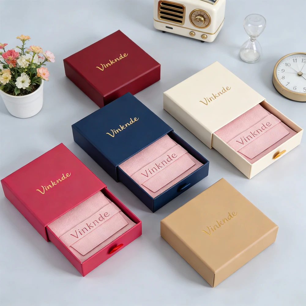 

24Pcs/Lot Custom Logo 8x8x2.5cm Drawer Paper Jewelry Boxes with Microfiber Velvet Packaging Bags Festival Gift Earrings Sack