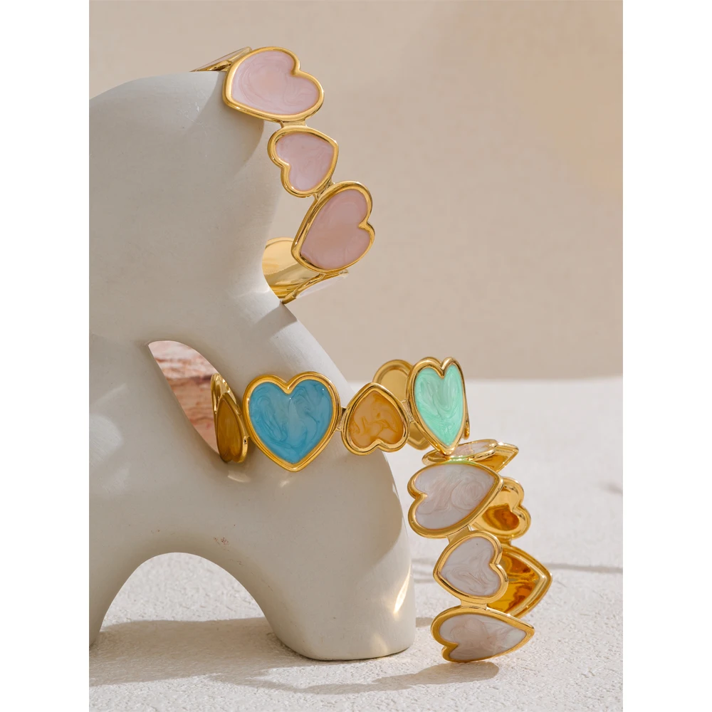 Yhpup Candy Colorful Enamel Heart Love Cuff Sweet Bracelet Bangle for Women Stainless Steel Golden Trendy Y2K Exquisite Jewelry