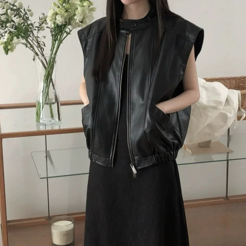 

Women's Chic Retro Sle Zipper Svel round Ne PU Leather Vest Outerwear Faionable Versatile Autumn New Arrival