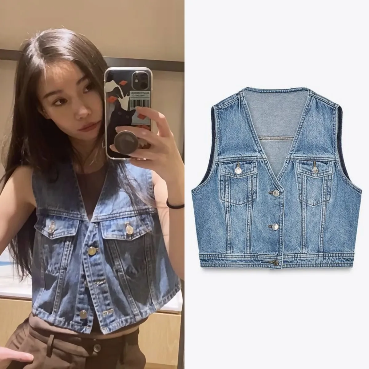 LIBIELIY Spring New Women's 1975 Series Washed Products Tooling Style Short V-neck Denim Vest Top