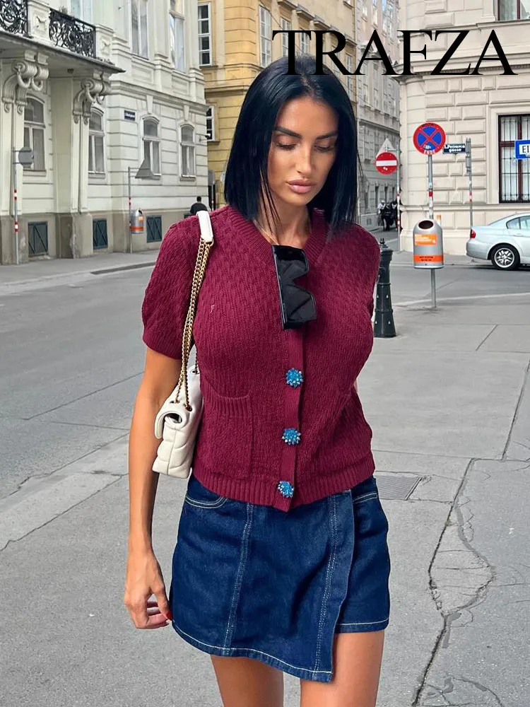 TRAFZA Autumn Women Elegant Sweater Coats Wine Red O-Neck Short Sleeves Jewelry Single-breasted Pockets Female Knit Coat Mujer