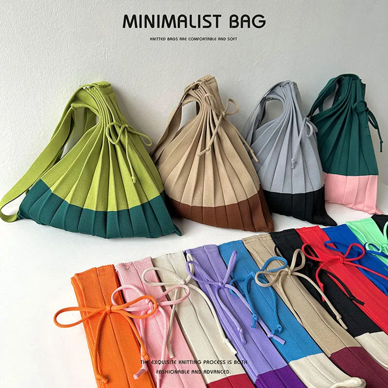 1pc Knitted Pleats Tote Organ Bag Designer Chic Stitching Contrast Korean Retro Fashion Women Shoulder Shopper Handbag Foldable