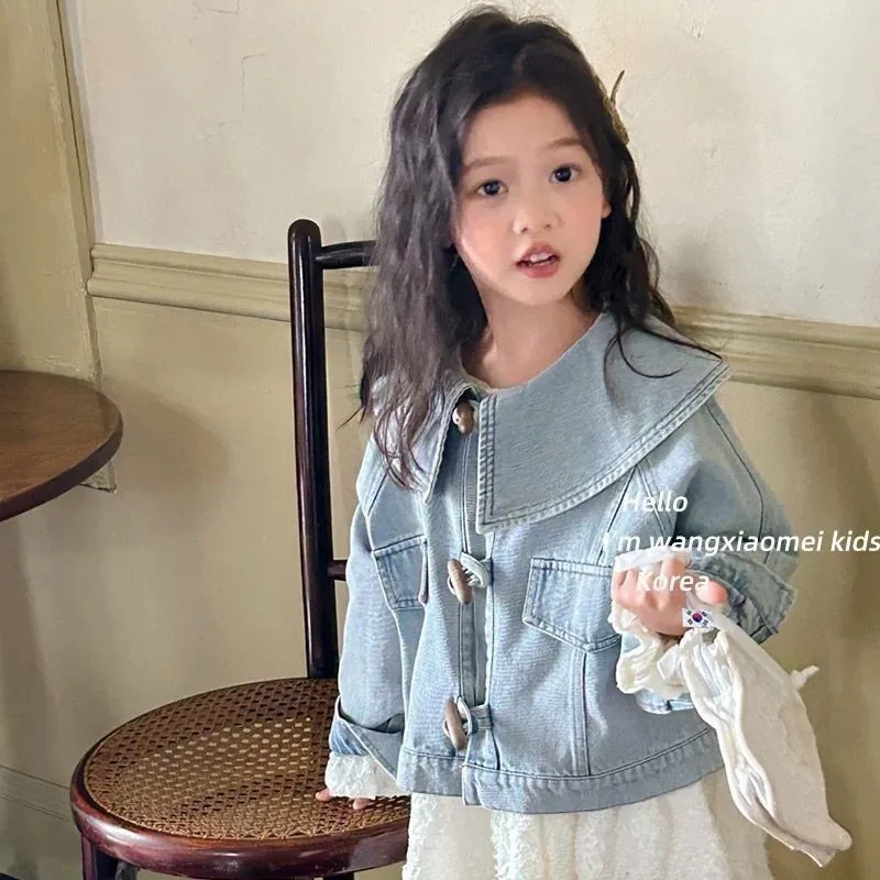 90-130cm Baby Girl Big Collar Denim Jacket Spring and Autumn Children's Korean Fashion Horn Button Jacket