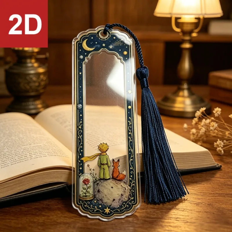 2 Marcadores de Páginas Acrílicos Vintage del Principito, con Diseño de Estrellas, Luna, Zorro y Rosa, con Borla Azul Marino, Accesorio de Lectura, Regalo