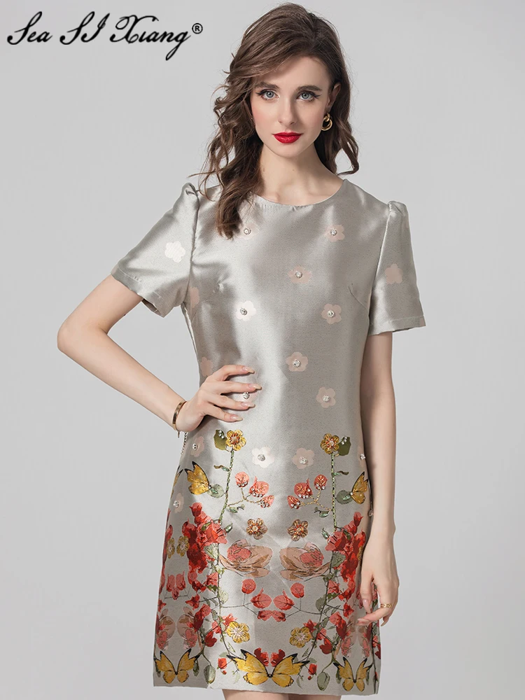 

Seasixiang Fashion Designer Summer Dress Women O-Neck Short Sleeve Diamonds Flower Print Vintage Party Mini Dresses