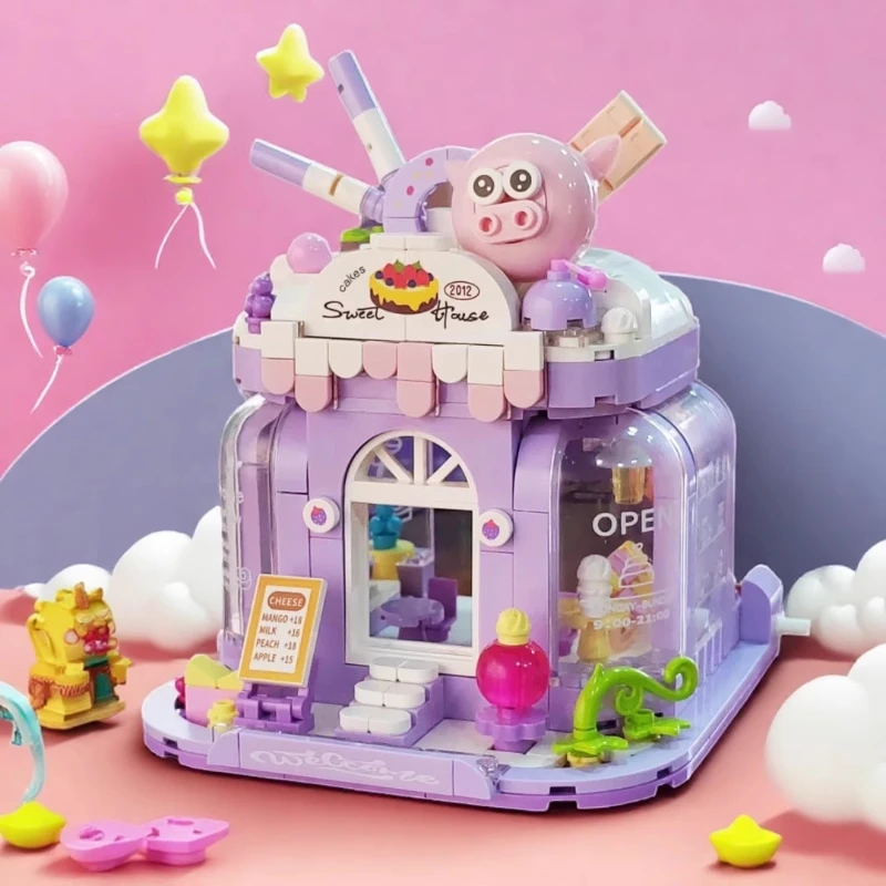 Sweet Shop اللبنات عرض الشارع لغز تجميع الجسيمات الصغيرة نموذج الحلي مجموعة ألعاب الأطفال الهدايا
