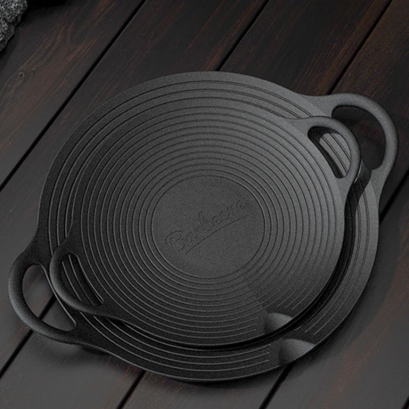 Zackoo 30cm Cast Iron Grill Pan Korean Roastig Grill Plate Household Outdoor Travel Camping Frying BBQ Tray Non-stick Bakeware