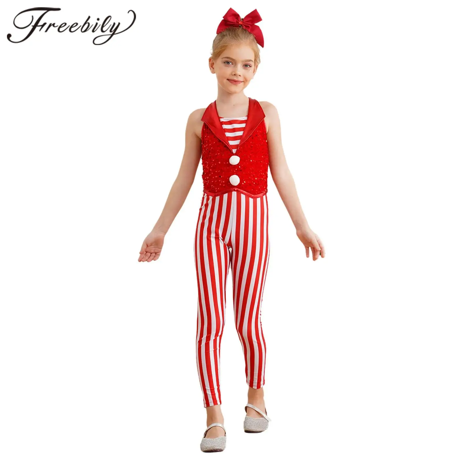 New Year Girl Candy Cane Costume One Piece Christmas Clothes Child Carnival Party Stripes Sequins Bodysuit Gymnastics Jumpsuit