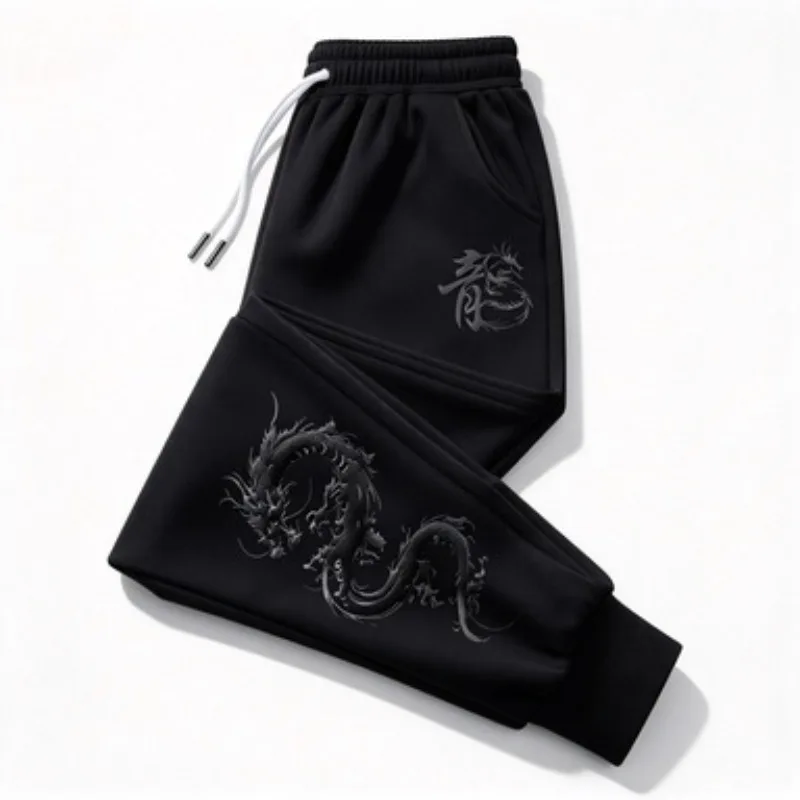 Unisex Jogginghose mit chinesischem Drachen-Grafikdruck, für Damen und Herren, locker geschnitten, weiß, mit Kordelzug, lässige Streetwear-Trainingshose. – Detail 1