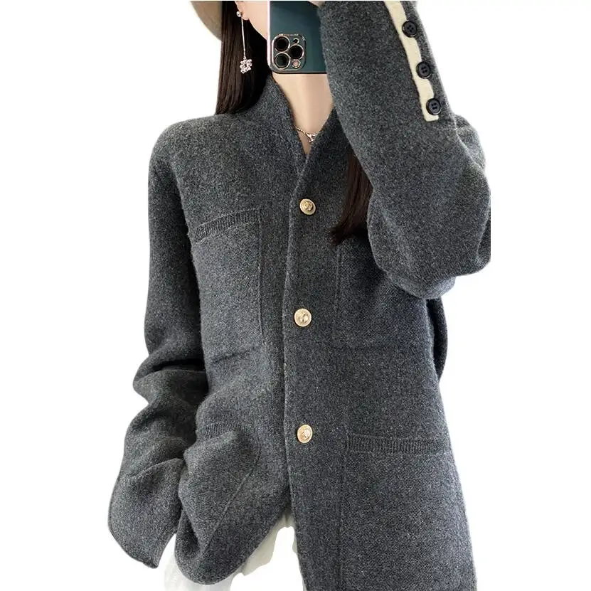 2024 Autumn Winter New Knitted Cardigan Sweater Women\'s Vintage Stand Collar Solid Long Sleeve Casual Loose Knitwear Jacket Coat