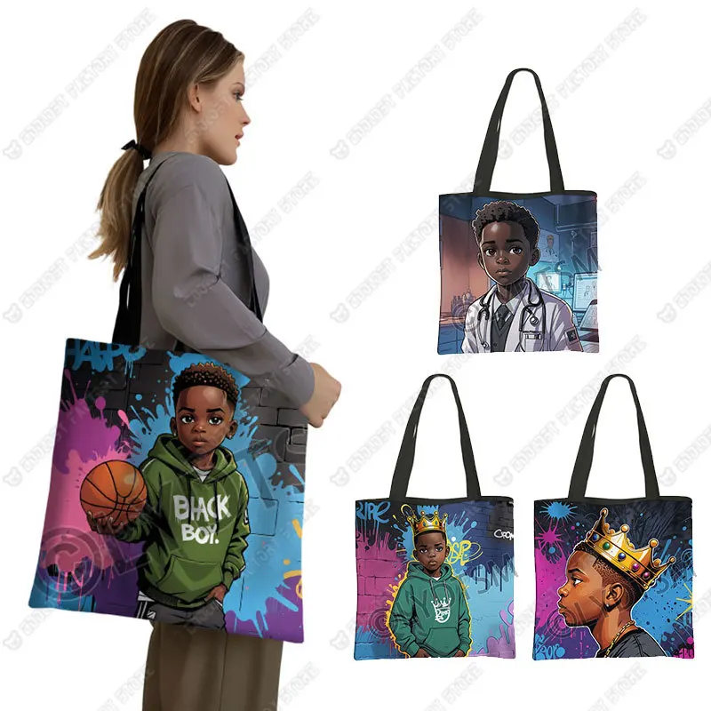 

Cute Afro Teenager with Crown Design Pattern Women Shopping Bag Doctor Pilot Black Boys Totes Handbag Shopper Bag BookBag