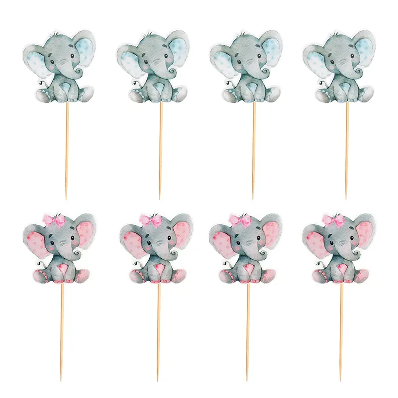 12Pcs Blue Pink Elephant Cupcake Topper Kids Birthday Party Cake Decoration Baby Shower Favors Gender Reveal Party Cake Supplies