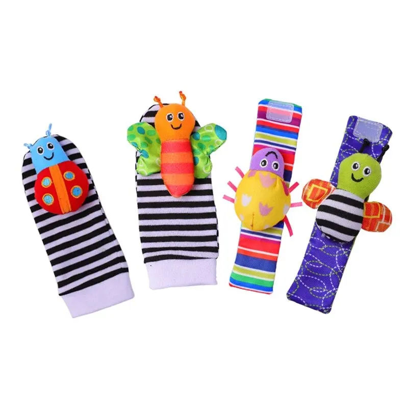 4Pcs Baby Toy 0-12 Months Baby Rattles Toys Animal Socks Wrist Strap + Rattle Baby Foot Socks Bug Wrist Strap Baby Socks New