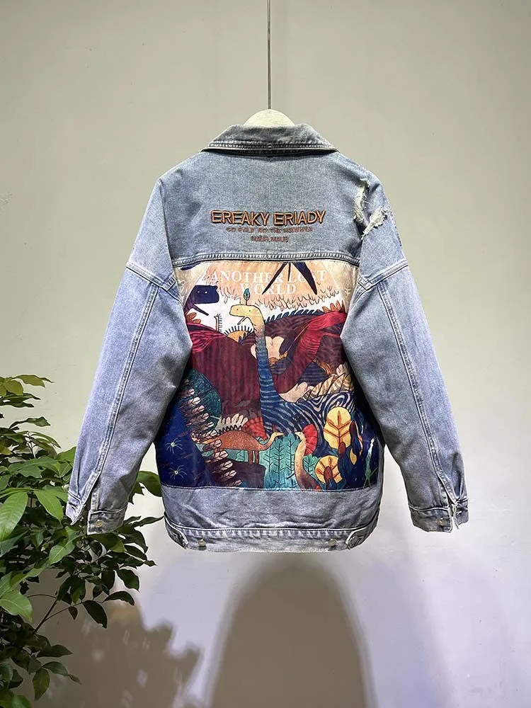 Nouvelles femmes hiver chaud doudoune véritable col de fourrure de renard détachable Denim vers le bas manteau imprimé Patch conceptions coupe-vent vestes bouffantes