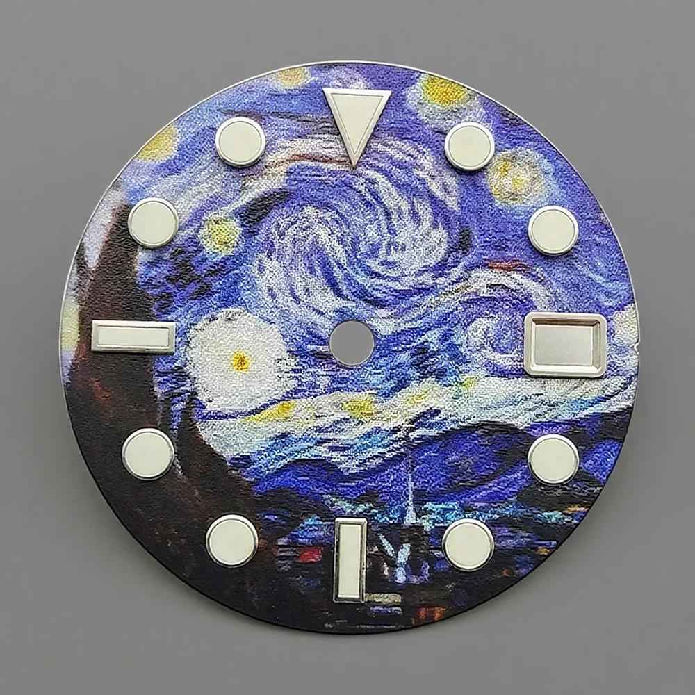 

28.5mm Green Luminous Watch Dial Starry Sky DIY Watch Face Oil Painting Pattern Personalized Dial for NH35 NH36 Movement