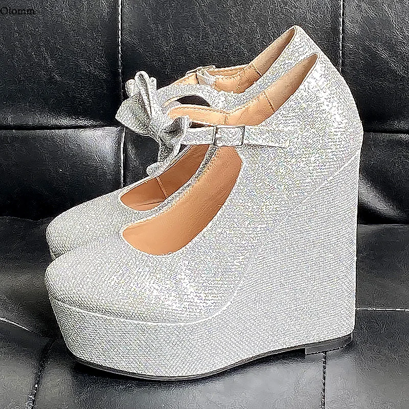 

Olomm Женские туфли-лодочки ручной работы с блестками на танкетке и круглым носком, великолепная серебряная обувь для подружки невесты, женская обувь для свадебного клуба, размер США 5-20