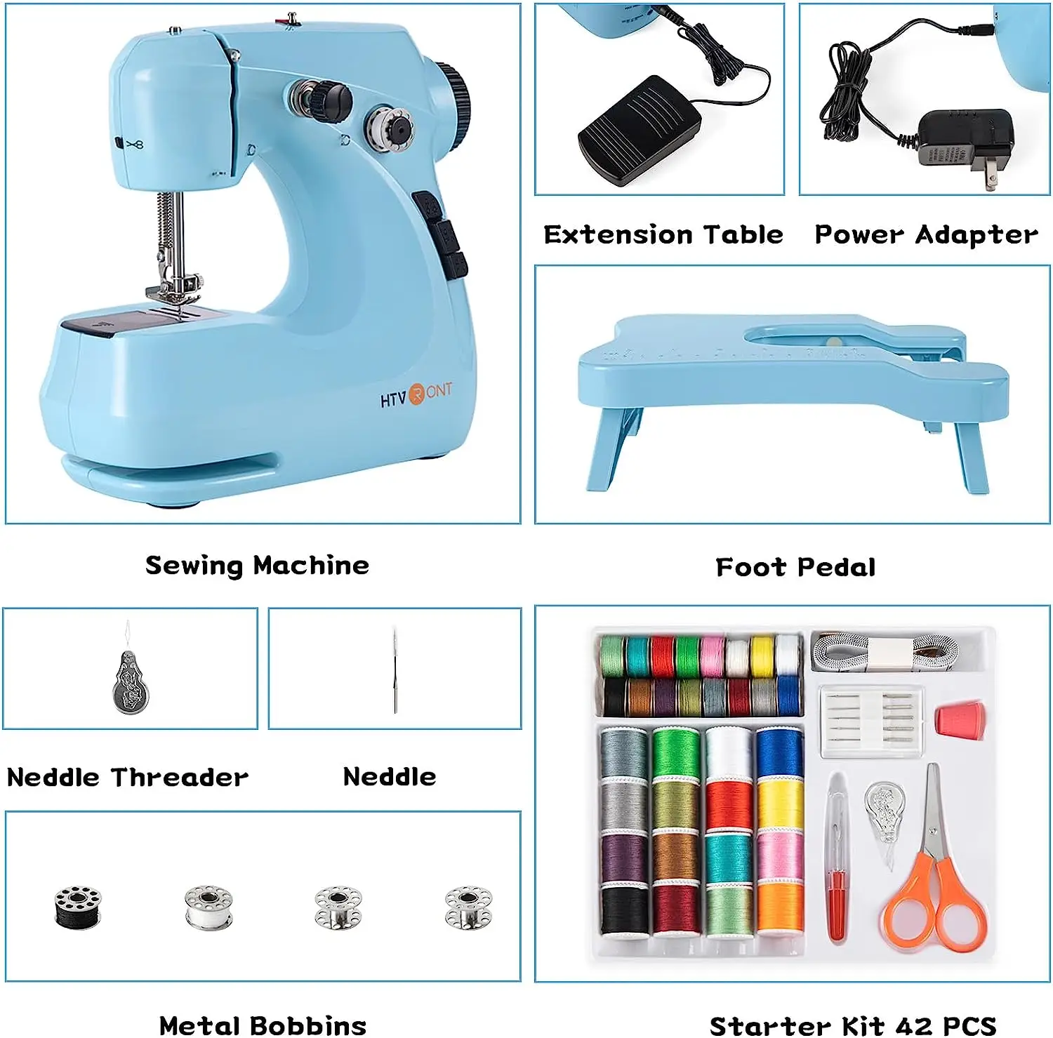 HTVRONT Mini Electric Sewing Machine for Beginners with 42 Pcs Set Portable Household Light Foot Pedal Straight Line Hand Table