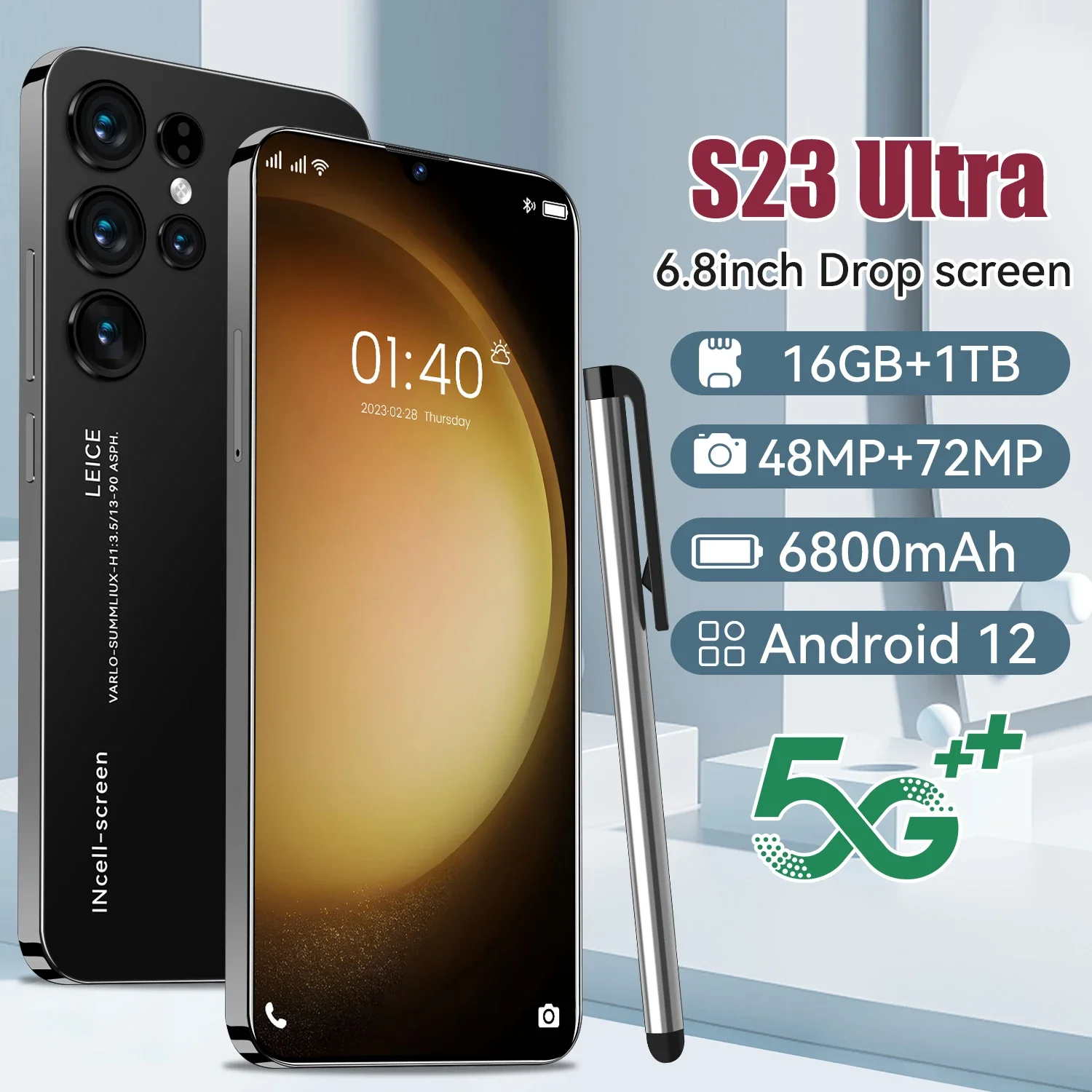 

OriginalS23 Ultra Smartphone Android Dual SIM Dual Standby 6.8 inch 22GB+2TB ROM 48+72MP Phone 6800mAh Battery Google Play Store