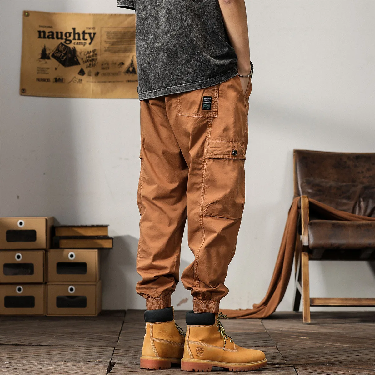 Japanese Style Spring Autumn Fashion Men's Solid Color Plus Size Loose Casual Trendy Spliced Cargo Trousers Male Pants Clothes