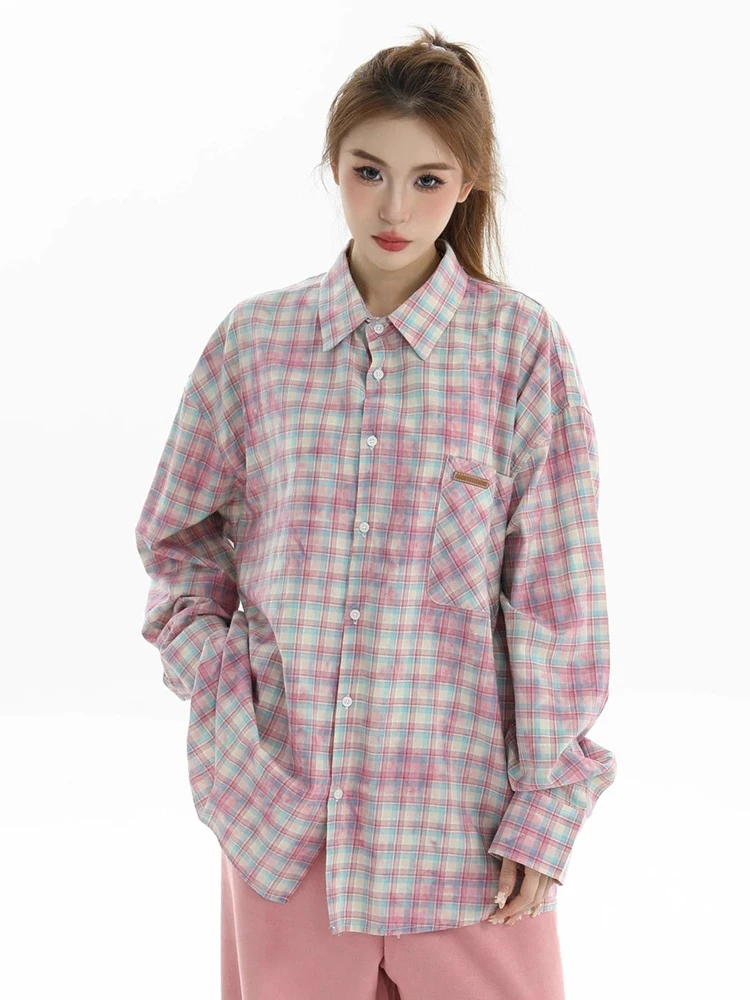 Jmprs Y2K Tie Dyeลายสก๊อตเสื้อผู้หญิงหลวมOversize Streetwearเสื้อแขนยาวVINTAGE Harajuku Hip Hop BfอเมริกันBfเสื้อ