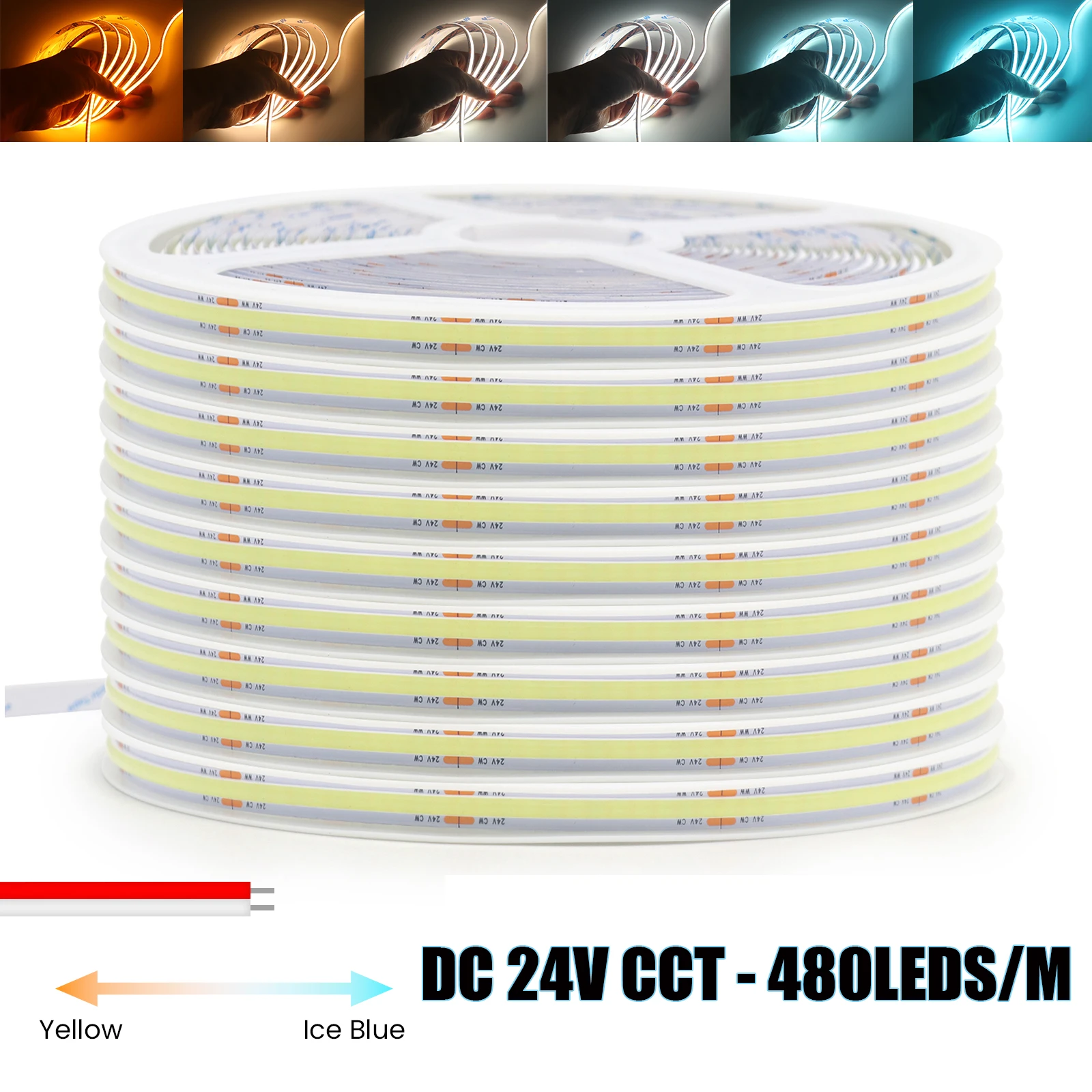 DC24V CCT COB LED Strip 480LEDs/m 8mm Dual Color Golden Yellow Ice Blue 2PIN / DC Female Connector Indoor Ambient Lighting