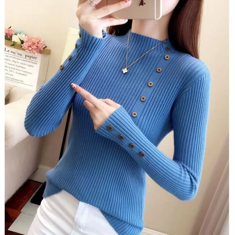 Women Autumn and Winter Korean New Half High Neck Sweater Solid Button Warm Knitted Shirt Slim Fit Versatile Long Sleeved Tops